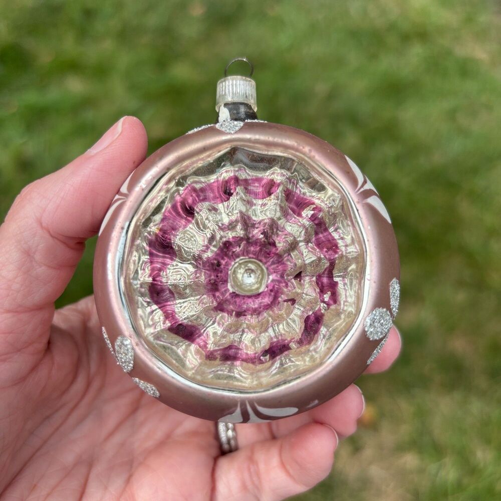 VTG Reflector Ball Ornament Glass Mercury Christmas Tree Pink Silver Stripe 50s